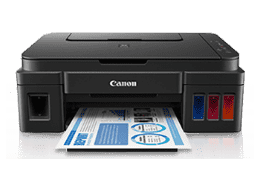 Impresora Canon G2100 color negro, vista frontal con bandeja de papel abierta y cargada